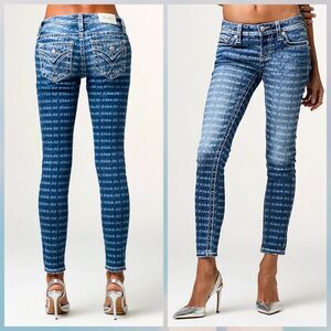 Miss Me Low-Rise Skinny Blue Stretch Denim Jeans Logo Print Embroidered Sz 30